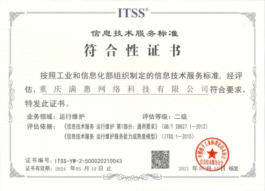 滿惠科技獲ITSS運維服務能力二級認證，網絡技術服務水平邁上新臺階